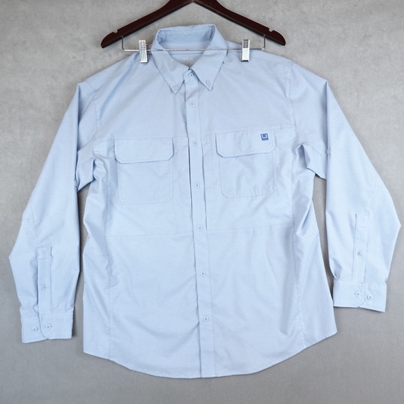 Huk Fishing Shirt Performance Lightweight Vented Plaid Button Pockets Blue Large - Picture 1 of 8